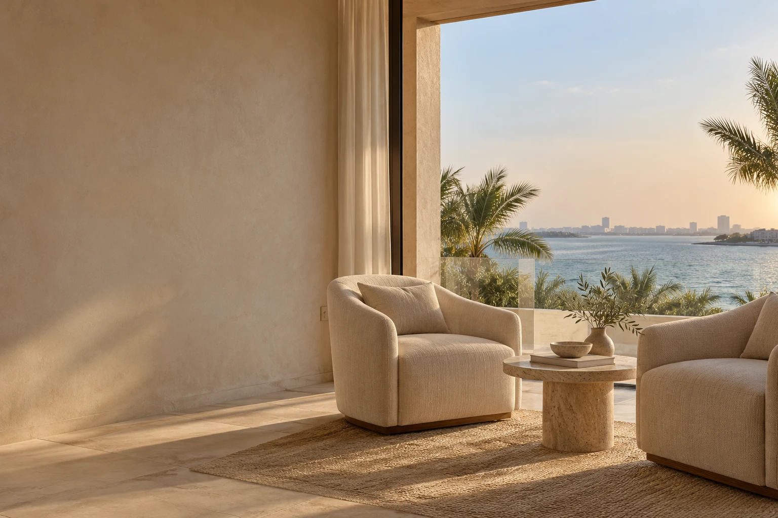 A coastal sitting room with linen chairs and a sea view, an architectural illustration