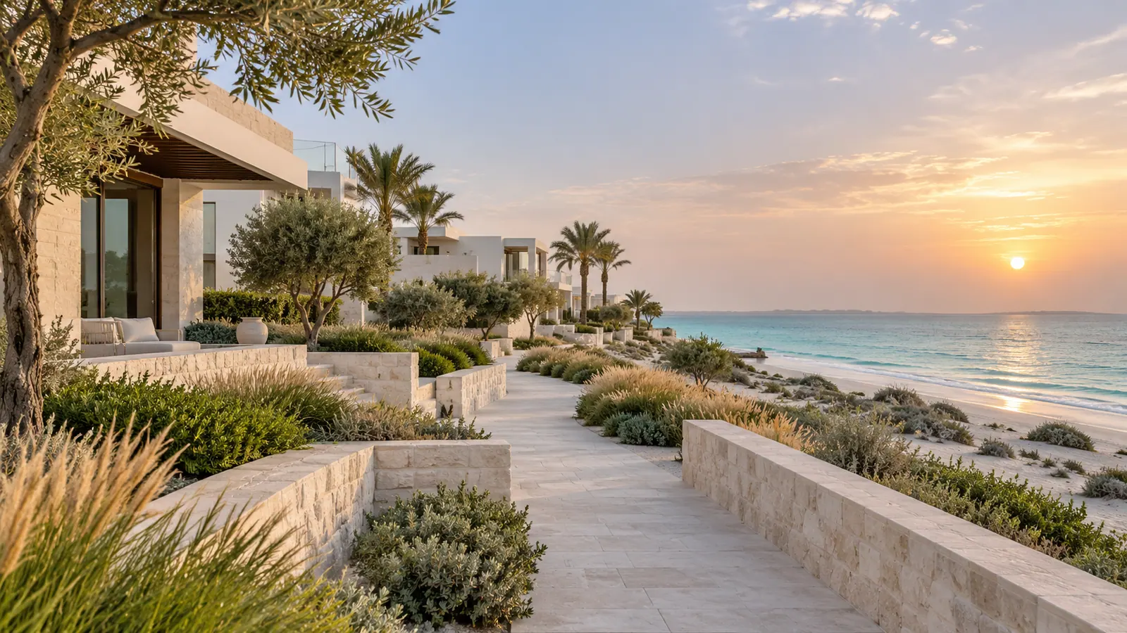 Illustration of a quiet Abu Dhabi coastal walkway