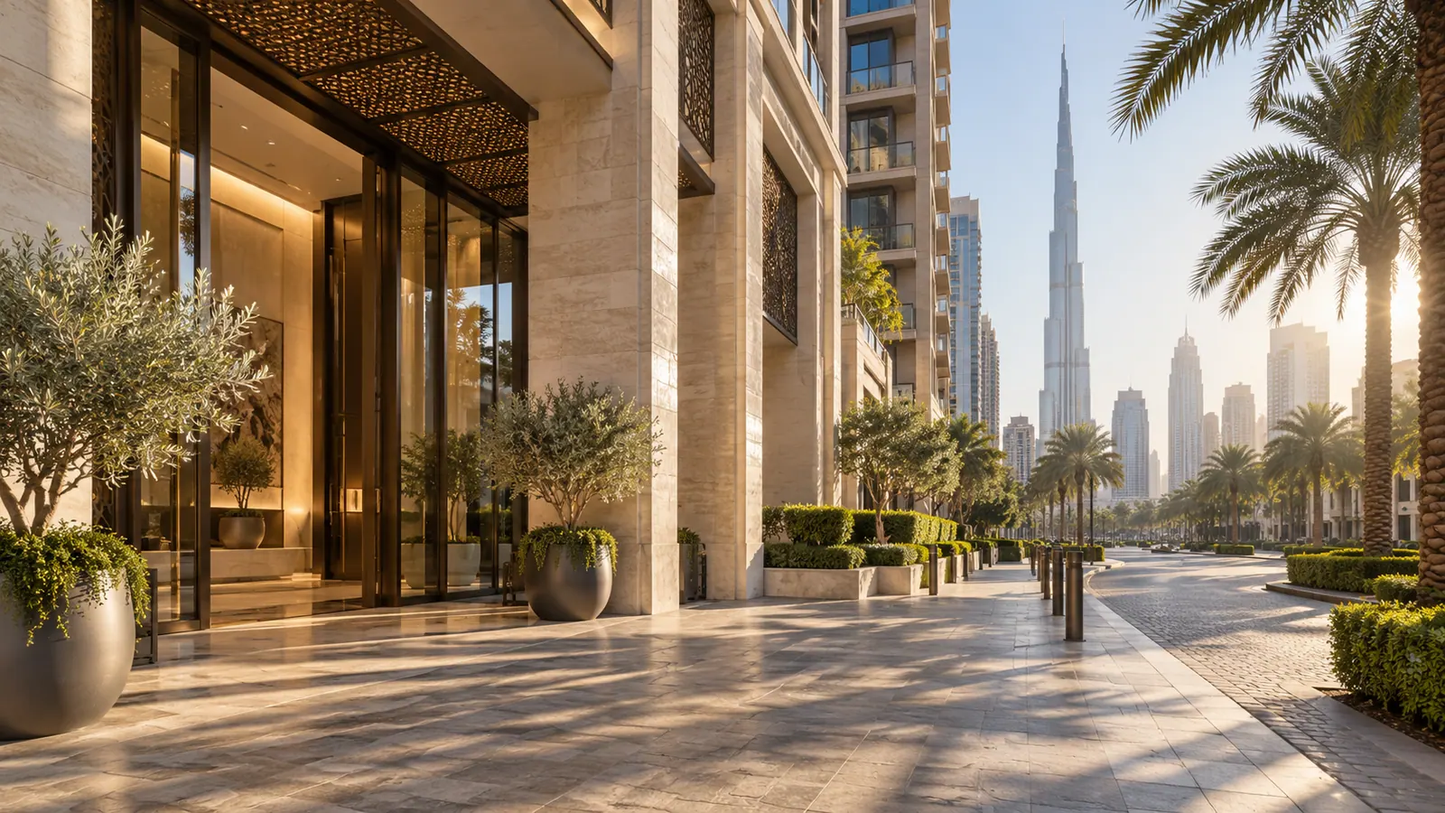 Illustration of a shaded Downtown Dubai street and apartment entrance