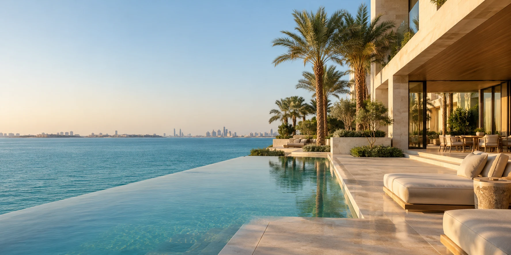 Waterfront terrace with palms and sea views