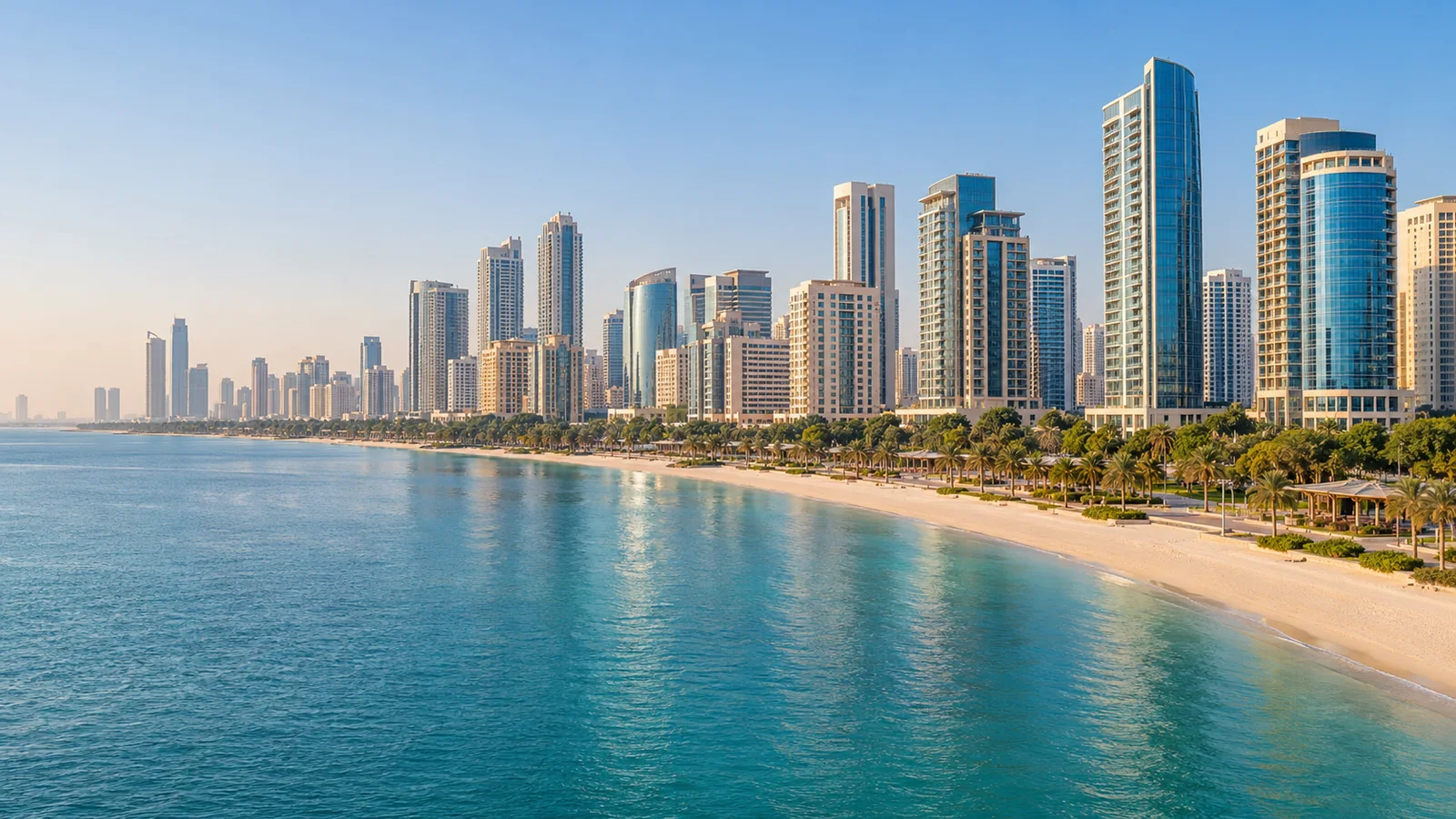 AI-generated illustration of a coastal Abu Dhabi skyline, beach and palm-lined waterfront
