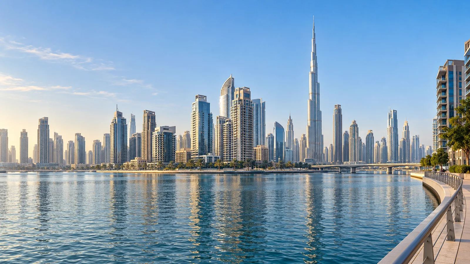 AI-generated illustration of the Dubai skyline and Burj Khalifa beyond calm canal water