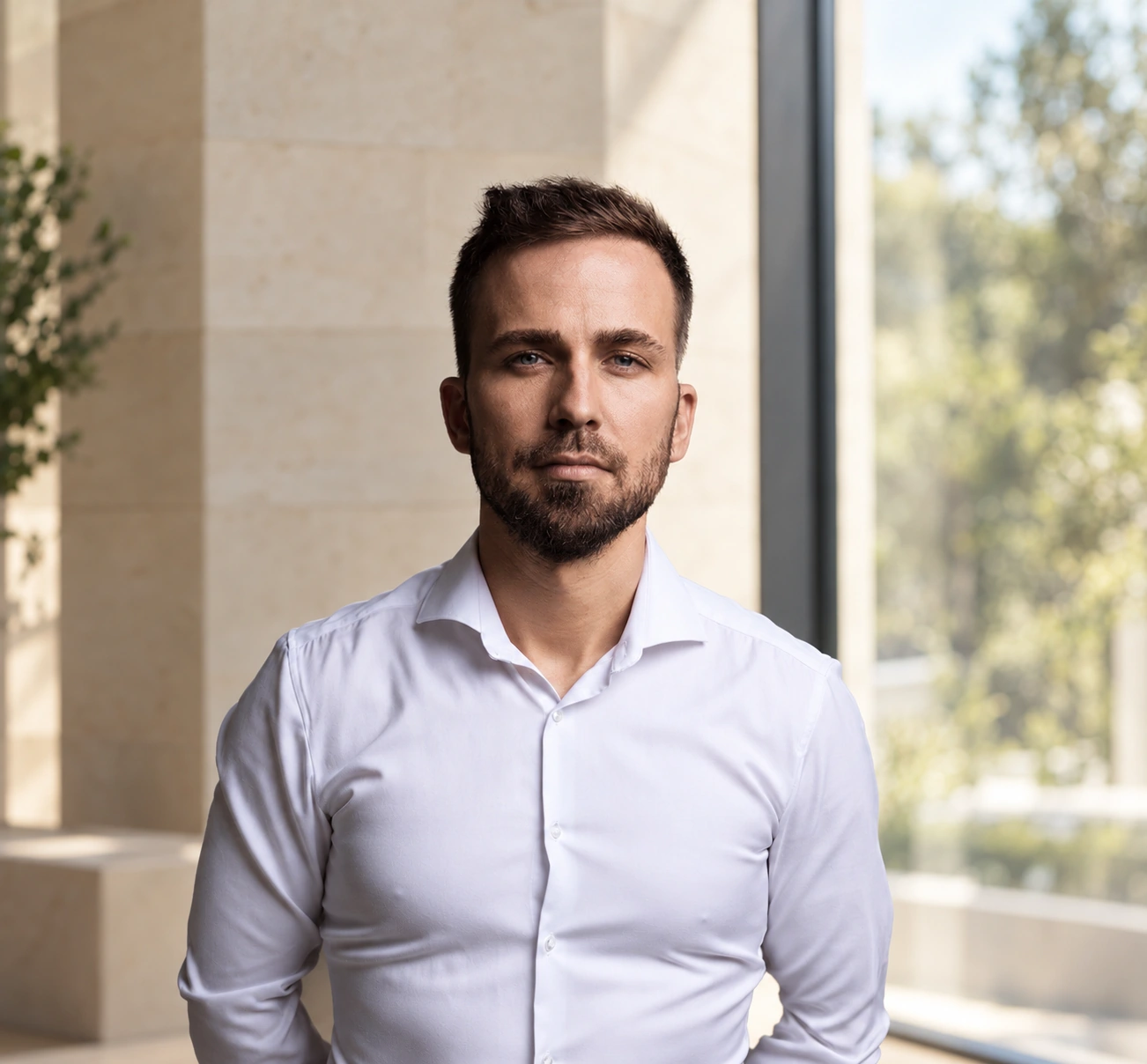 Marcell Vajvoda in a white shirt
